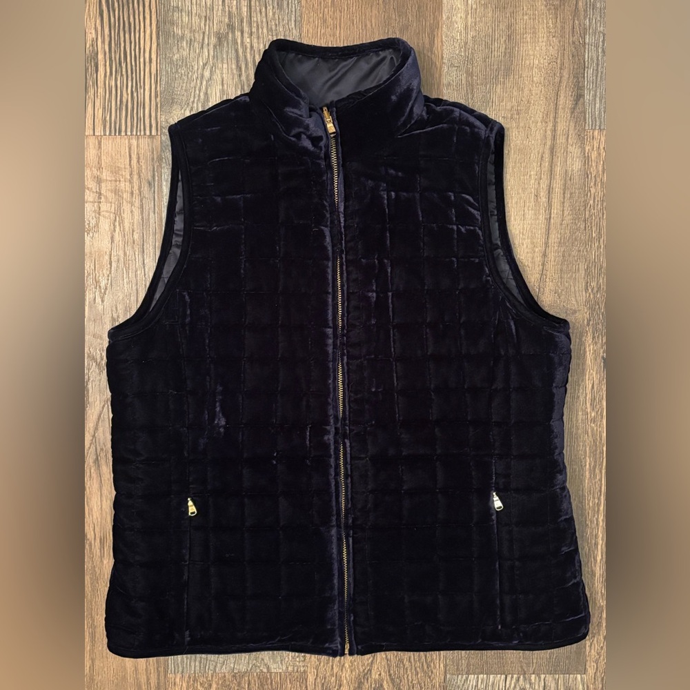 Ralph Lauren Velvet Reversible Vest Womens Large‎ Quilted Blue Sleeveless Puffer